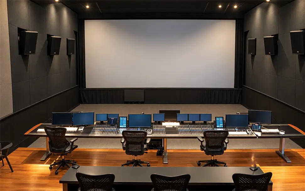 Control and presentation room with large screen