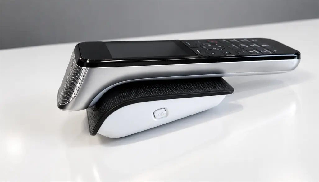 Cordless IP phone on its charging base