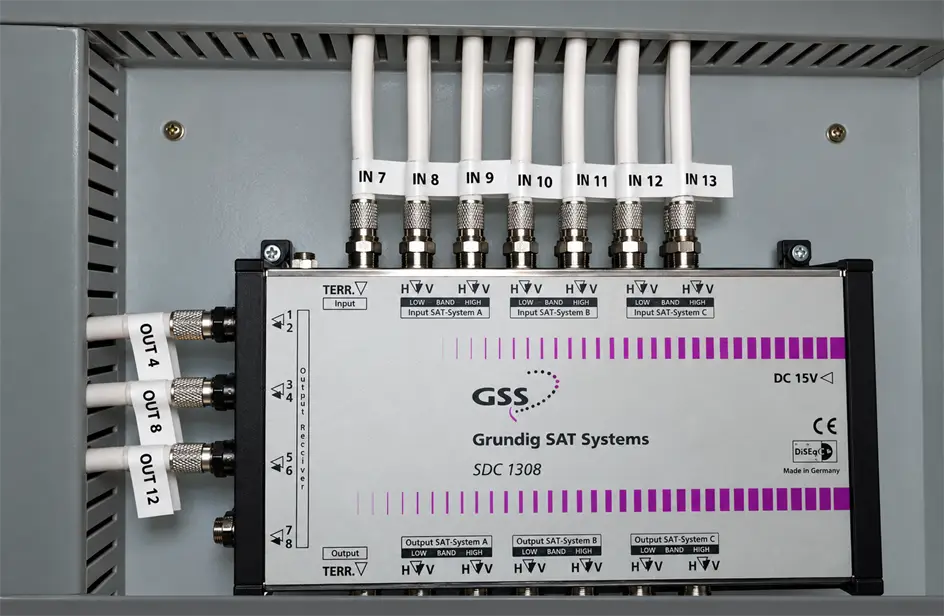 GSS satellite distribution cabinet with labelled outputs
