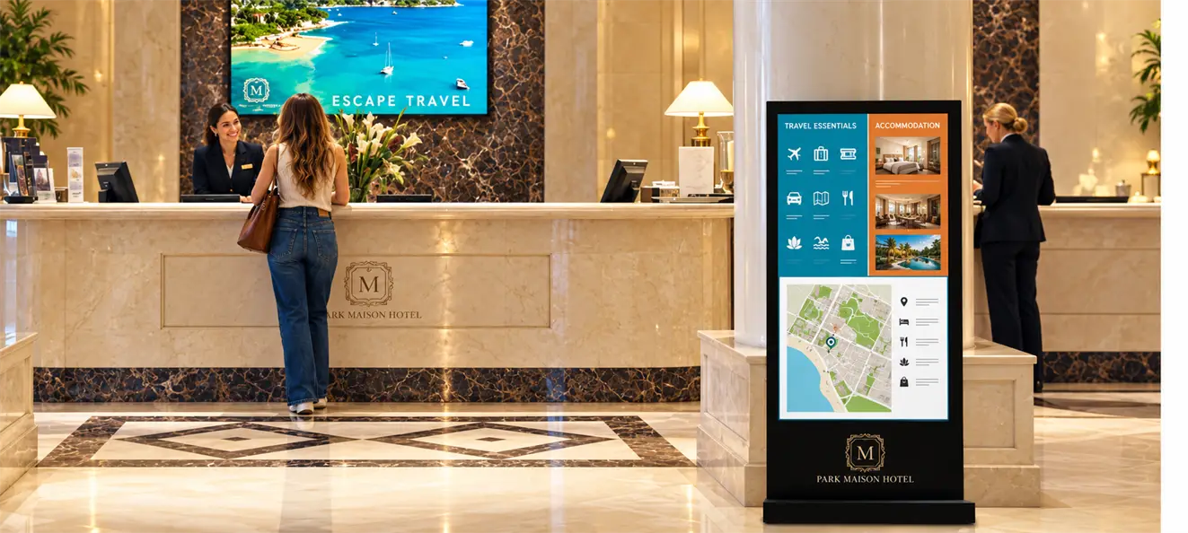Hotel lobby with digital signage