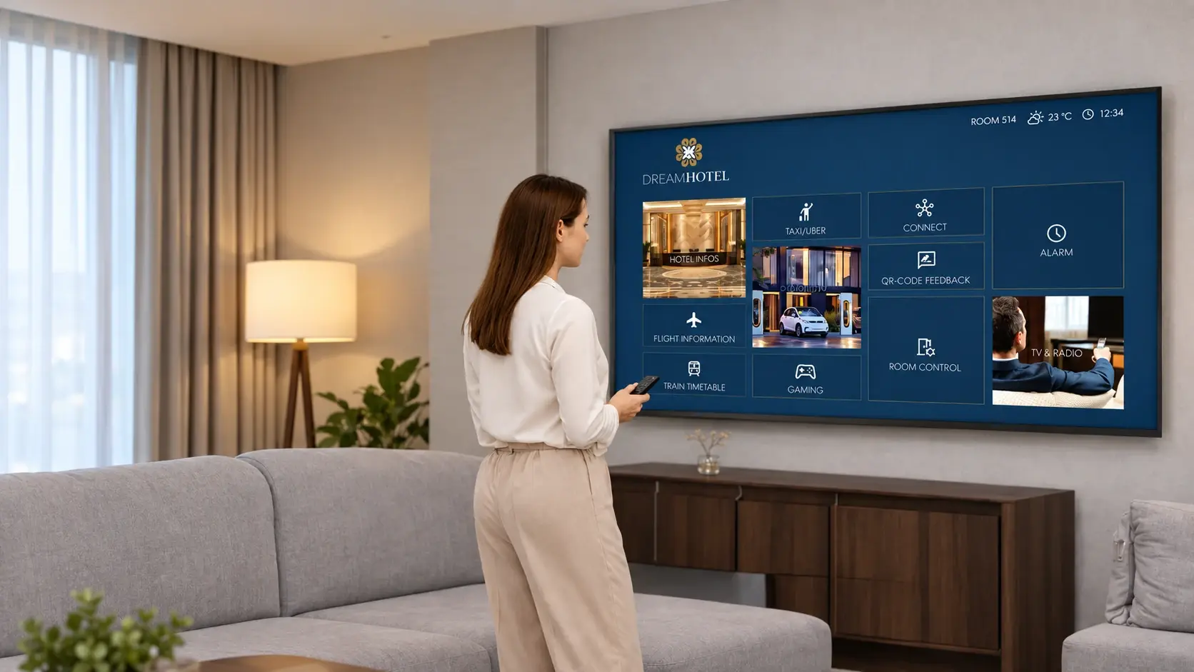 Hotel guest using the in-room IPTV menu