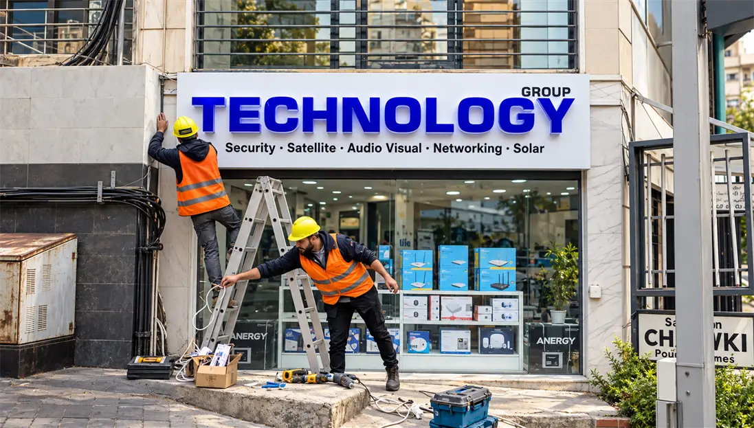 Technology Group storefront sign being installed in Adonis
